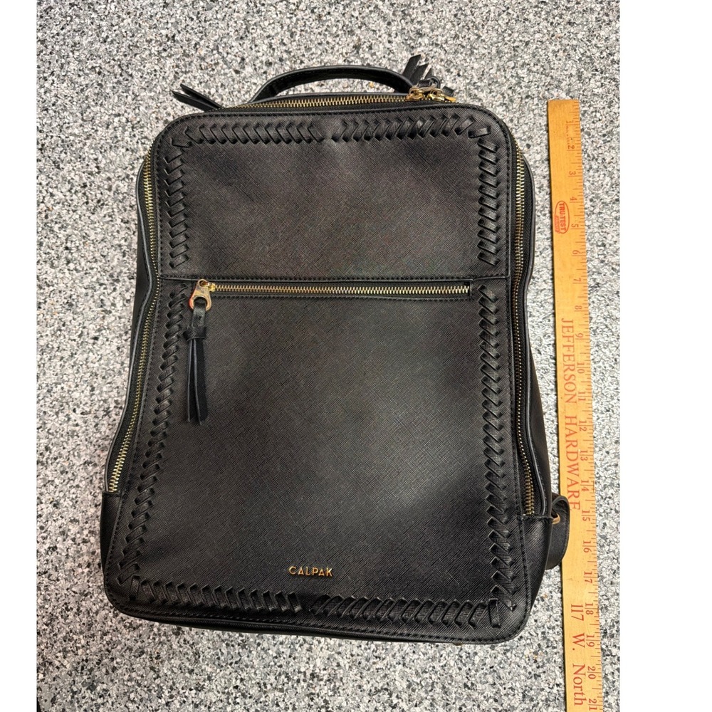 CALPAK Kaya Laptop Backpack Black Faux Leather Whipstitch Travel Bag Commuter